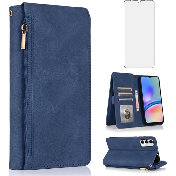 Asuwish Wallet Kickstand Hard Shell Cell Phone Case with Tempered Glass Screen Protector for Samsung Galaxy A05s, Blue