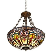 Robert Louis Tiffany Bronze Pendant Chandelier 24 Wide Tiffany Style Ornamental Stained Glass Bowl Fixture Dining Room Kitchen