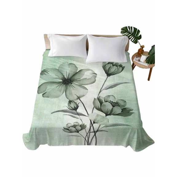 Green Floral Flat Sheets Only Queen Size, Soft Breathable Bed Top Sheets for Mattress, Country Rustic Ombre Painting Art Watercolor Luxury Bedding Flat Sheets for Home Hotel Bedroom Bed Protection