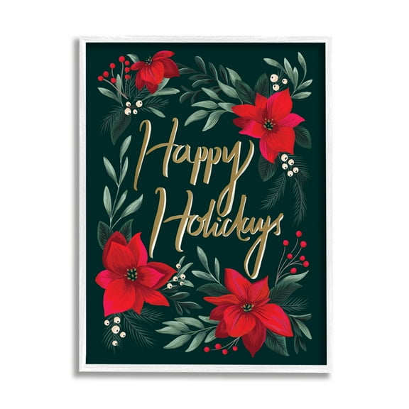 Stupell Industries Happy Holidays Greeting Red Winter Poinsettia Florals Botanical & Floral Painting White Framed Art Print Wall Art, 11 x 14