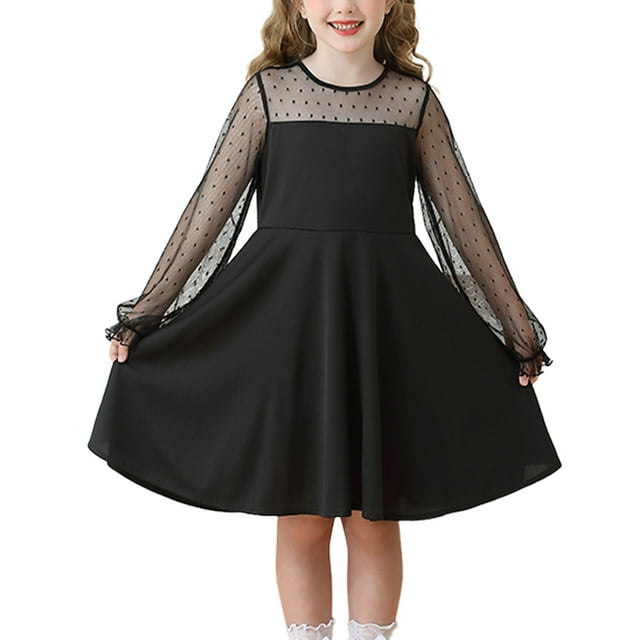 EnJoCho Robe en Maille à Manches Longues pour Filles Robe Tutu à Col Rond en Ligne Robe d'Été Mignonne de Princesse pour Anniversaire Robe de Fête à Manches Longues pour Filles