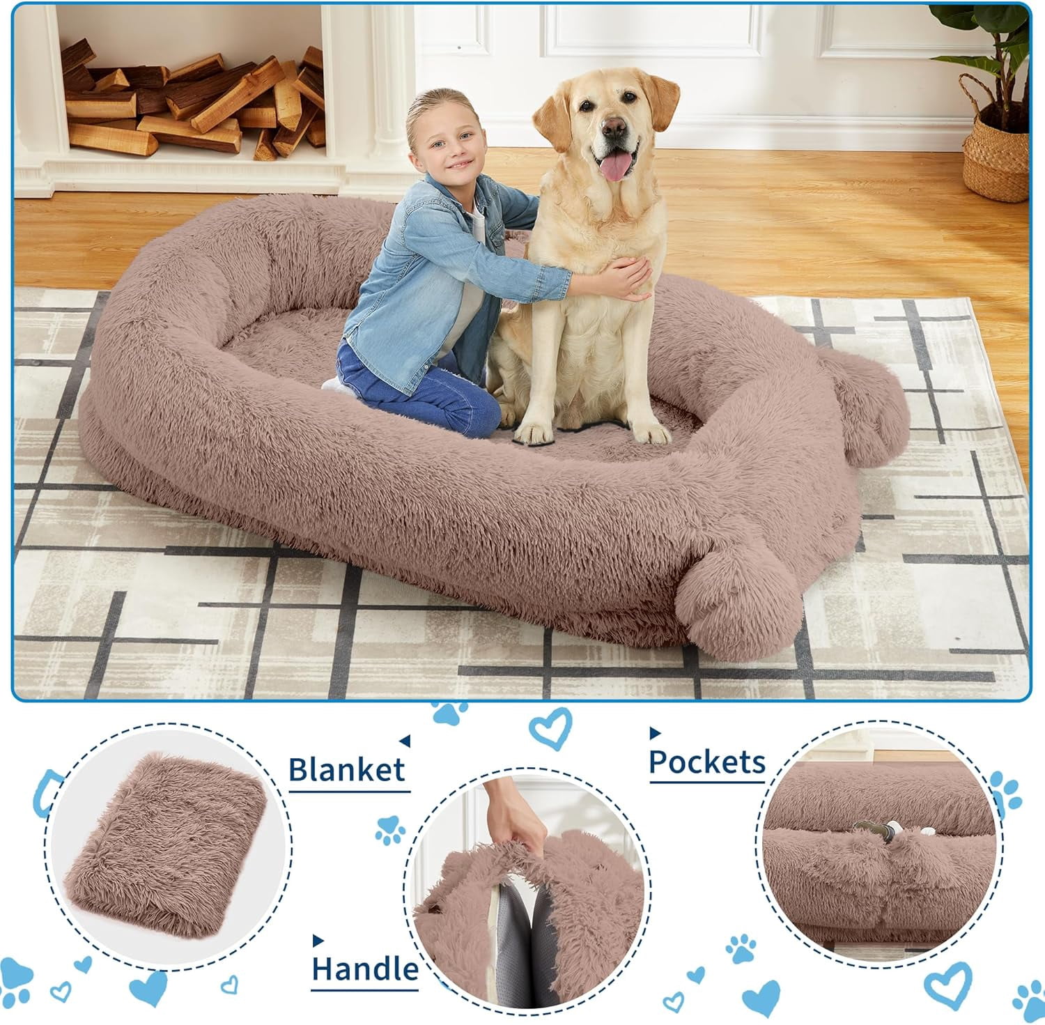 Human Sized Dog Bed, 70.87" x 45" x 12" Large Dog Bed with 2 Storage Pockets, Faux Fur Orthopedic Pet Bean Bed for Adults & Giant Pets - Khaki