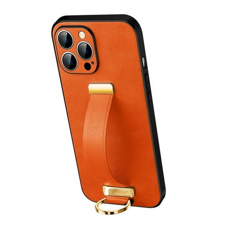 Dteck for Apple iPhone 15 Pro Case with Hand Strap Holder, Shockproof Premium PU Leather Slim Flip Protective Case Adjustable Wristband Stand Ring Cover, orange