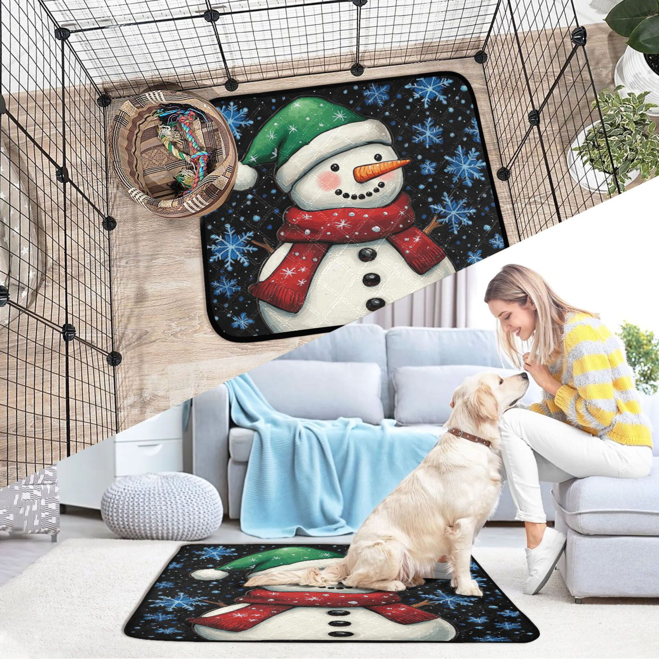 Qxltty A Snowman with A Green Christmas Hat Cat litter Pads Pet Set of 3 Diaper Mats Center Anti-leakage Layer Absorbent Soft and Comfortable