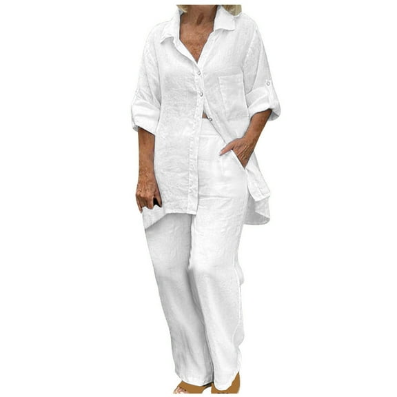 Summer Hot Saving! ITSUN Women Outfits Solid Turndown Collar Long Sleeve Pullover Shirt Tops Pants Trousers Leisure Set White 4XL