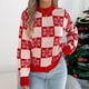 thumbnail image 1 of Suéter de cuello redondo para mujer, otoño e invierno, con farol navideño a cuadros, manga larga, top acrílico para mujer, 1 of 9