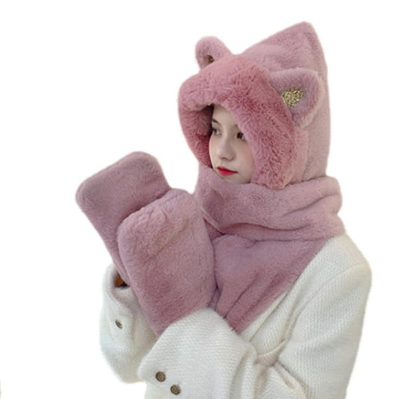 Fankiway Winter Women Usb Heated Hat One-Piece Cute Cat Ears Hooded Warm Soft Cap Scarves with Pocket