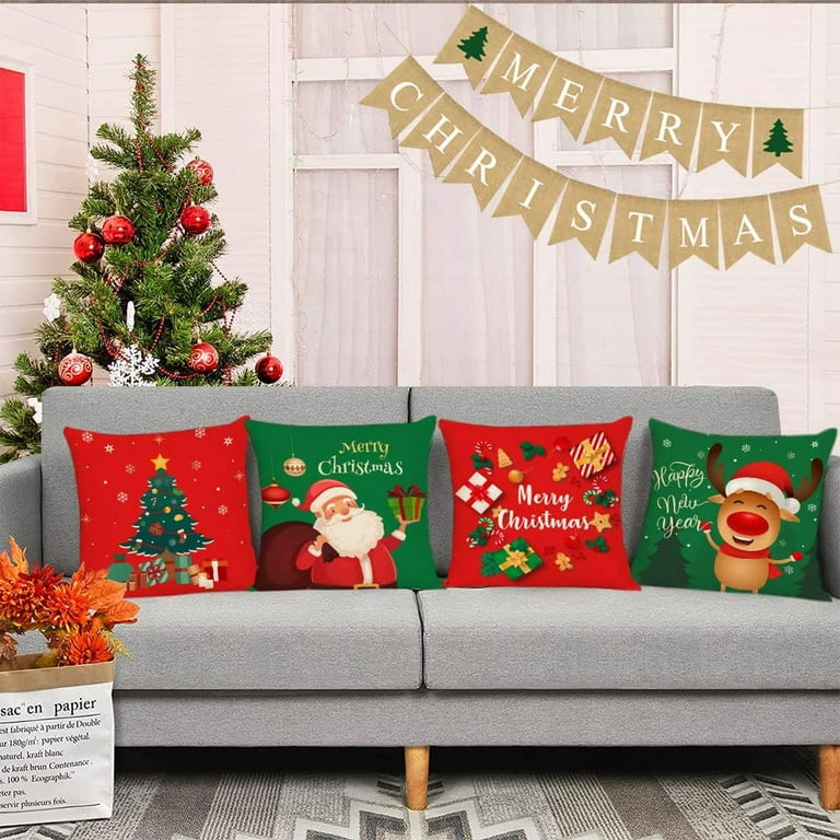 Red Christmas Pillow Covers Set Of 2 - 18x18 Inch Velvet Tree & Star Holiday Decor
