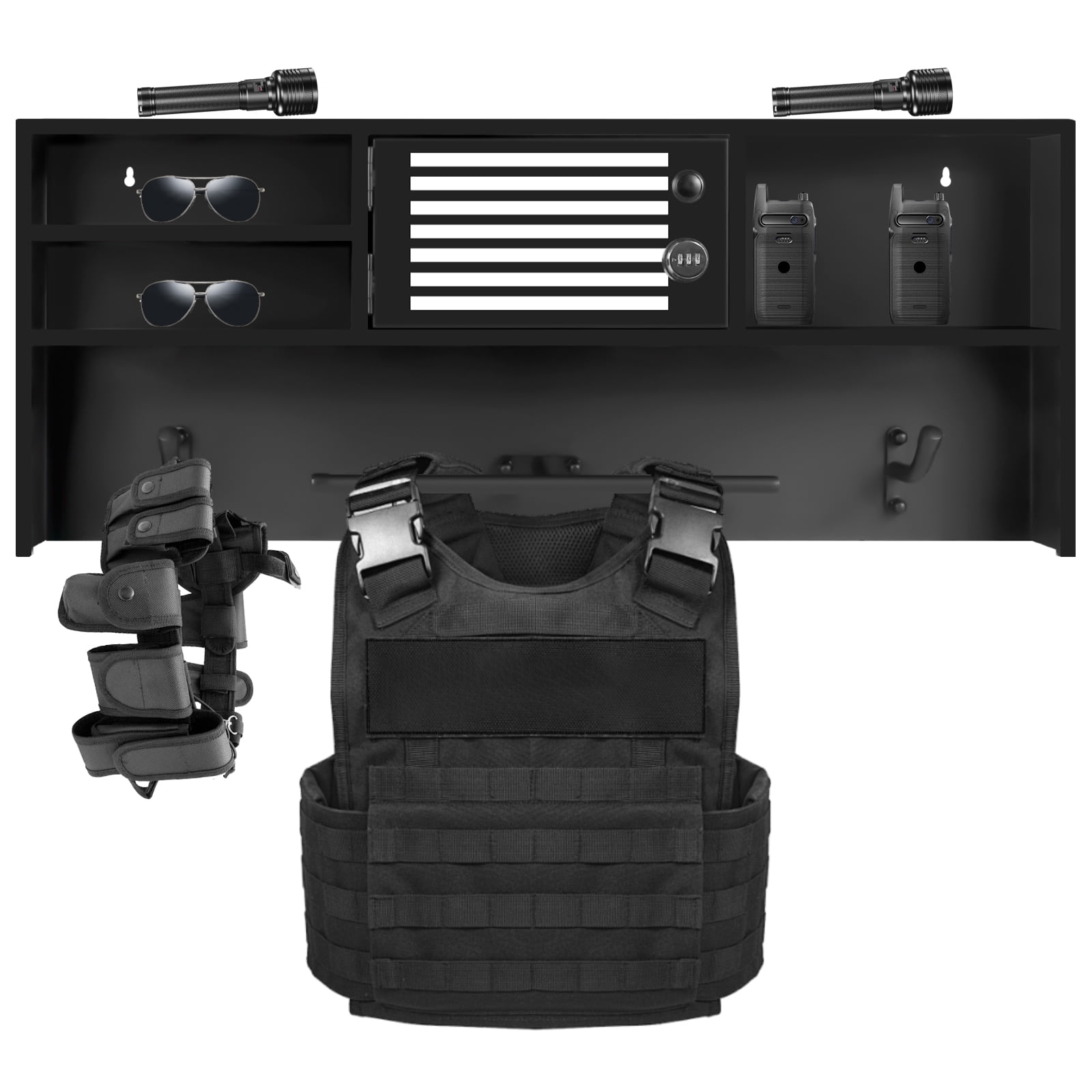 Police Gear Stand, Police Hanger, Tactical Duty Gear Rack with 3 Hooks, Free-Standing All Iron Frame Police Gift Decor with Flag, Black, Come Home Safe