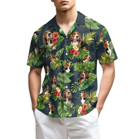 Netecom Basset Hound Hawaiian Shirt for Men, Tropical Style, Button Down Summer Beach Short Sleeve, S-5XL