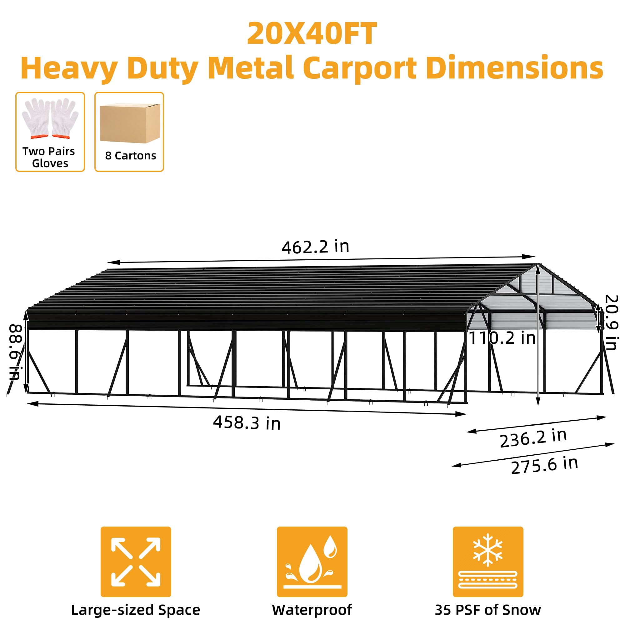 20 x 40 FT Metal Carport with Galvanized Steel Roof, Heavy Duty Metal Roof Carport with Enhanced Base, Tall MetalCarport Kits Garage for Tractors, Trucks, Boats, Cars