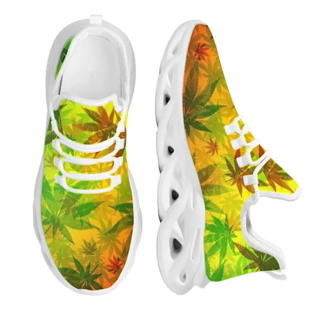 

3D Green Weed Leaves Printing Platform Sneakers for Women Breathable Lace up Flat Shoes Comfort Femme Footwear