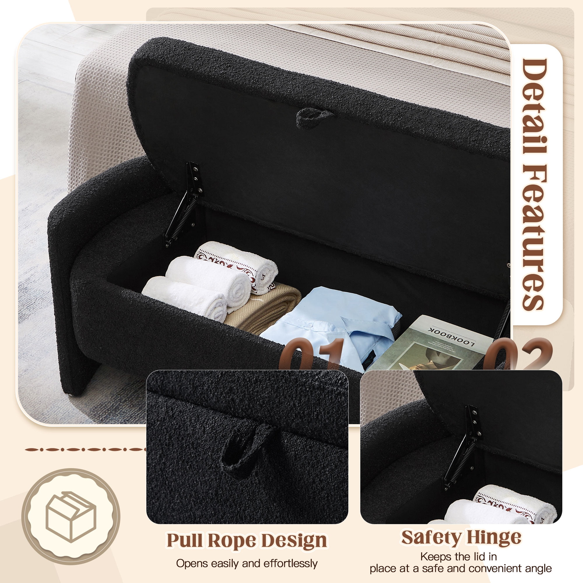 Lunale 41.73" End of Bed Storage Bench, Teddy Upholstered Storage Ottoman Benches for Bedroom, Black