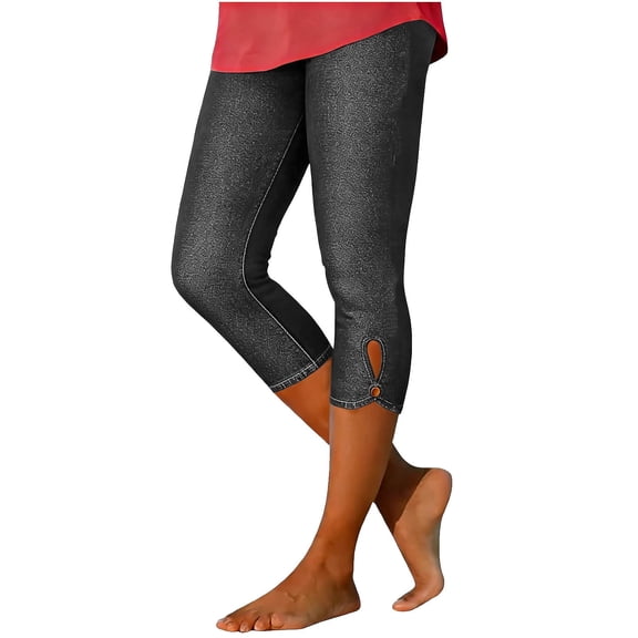 VV AVEORS Denim Capris For Women Plus Size Trendy Jean Leggings Elastic Casual Cropped Tight Pants With Button Keyhole Gym Yoga Pants Gray S