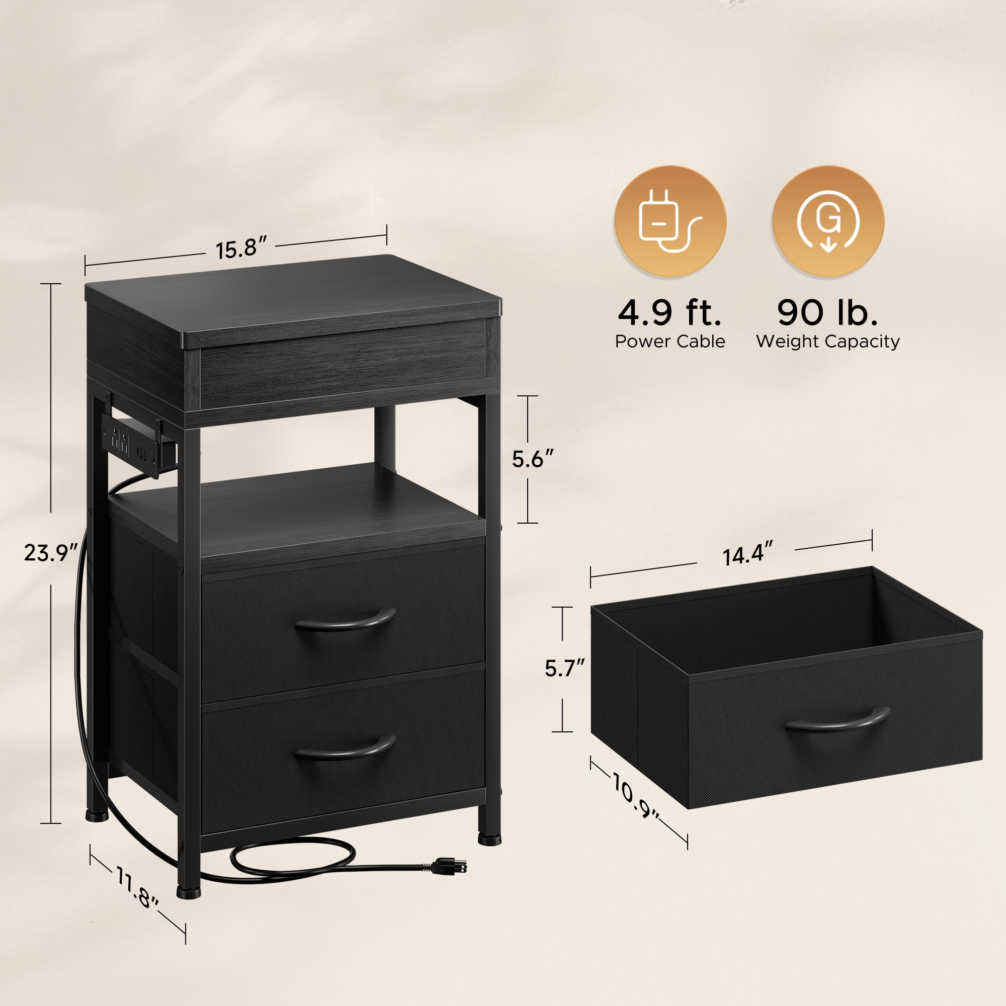 Bestco Nightstand with Sliding Top Modern End Table with Charging Station & 2 Drawers Black