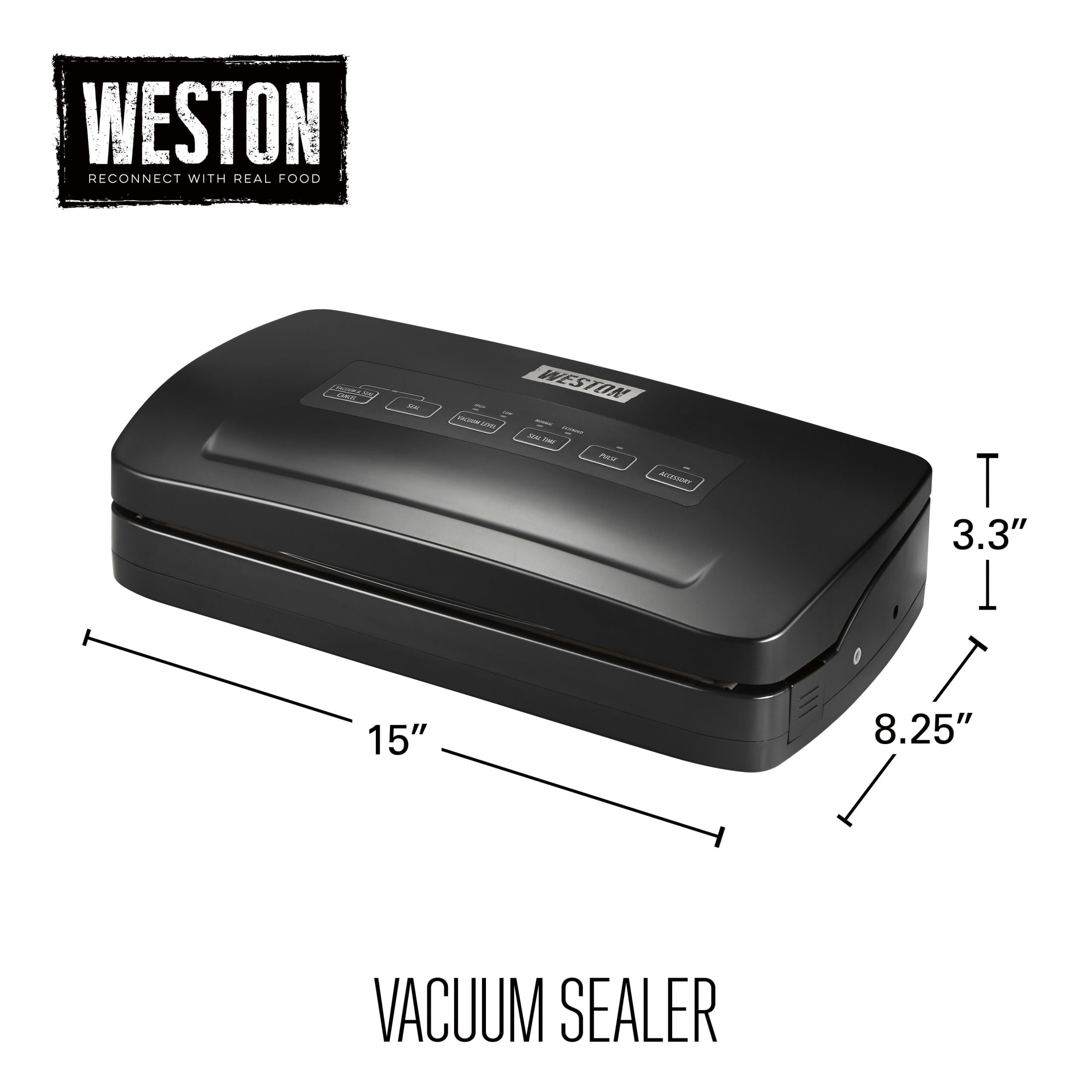 Weston Brands Vacuum Sealer Machine for Food Preservation & Sous Vide, Seals Bags up to 11” Wide, 110 Watts, 22.5” HG Strength, Includes Roll Storage and Starter Pack, Black