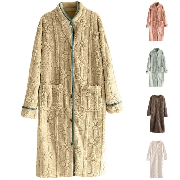QATAINLAV Women's Stand Collar Fleece Robe Casual Open Front Button Front Nightgown Long Sleeve Flannel Pajamas Dresses with Pockets, Green, XL