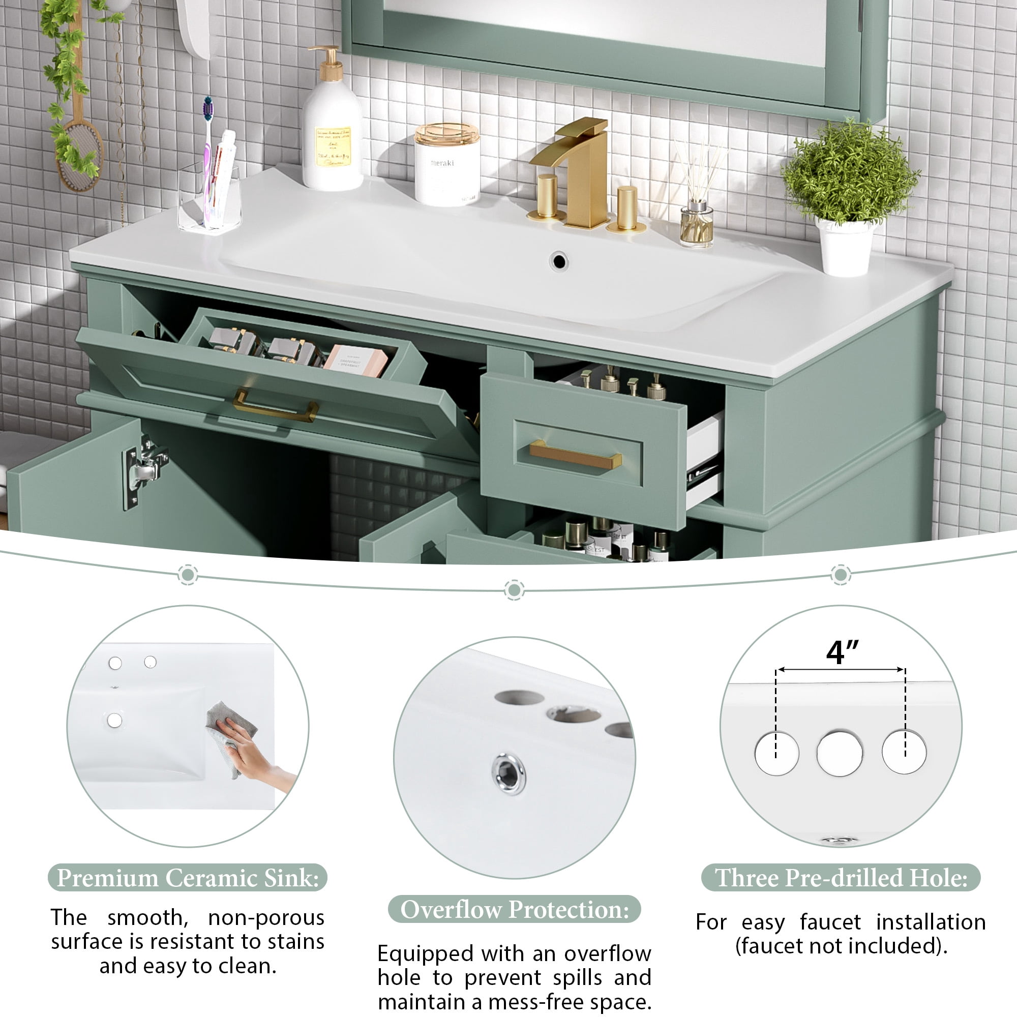 Euroco 36" Bathroom Cabinet with Ceramic Sink, Soft-Close Doors, Golden Handles, Ample Storage, and Overflow Protection