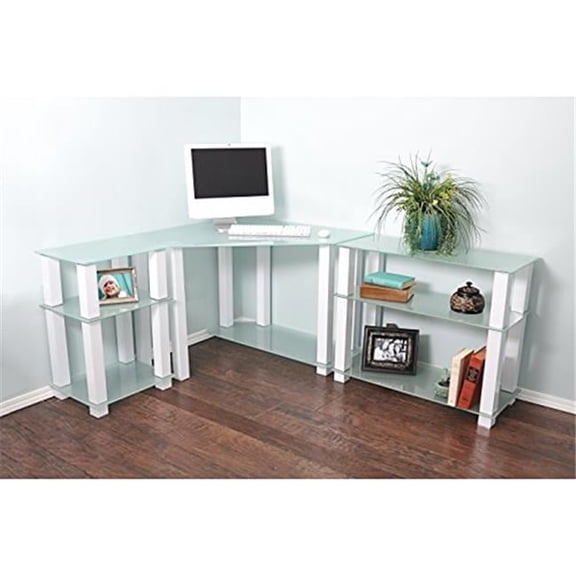 Frosted Tempered Glass Gloss White Corner Computer Desk with Left & Right Extention Table - Gloss White