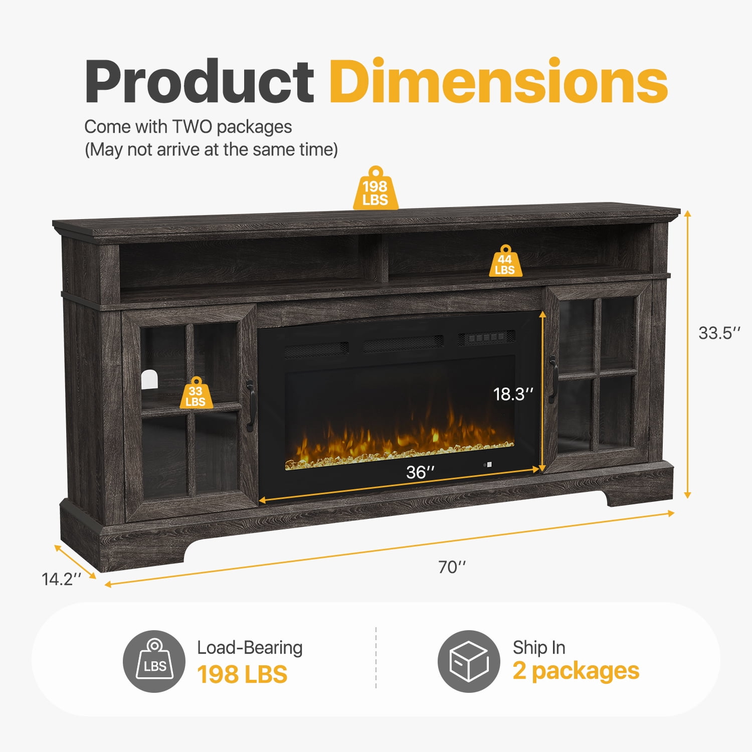 Sonegra Fireplace TV Stand with Glass Door for TVs up to 80", 70" Entertainment Center with Fireplace, Media Console for Living Room, Gray