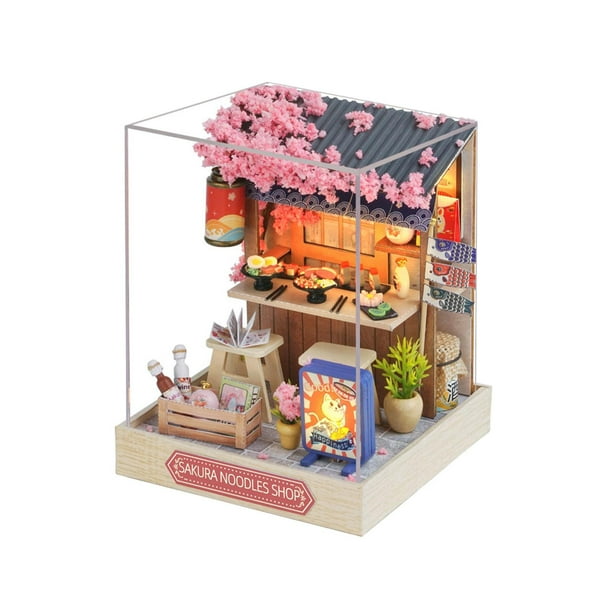 Kits de casas de muñecas en miniatura con luces LED, manualidades DIY, mini casa hecha a mano. Casa de fideos Sakuras