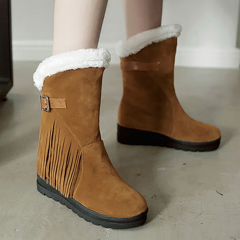 PMUYBHF Snow Boots for Women Wide Width Women'S foreign Trade Large Winter  Warm Cotton Boots Thick Soled Flat Heel Tassel Snow Boots Ankle Strap