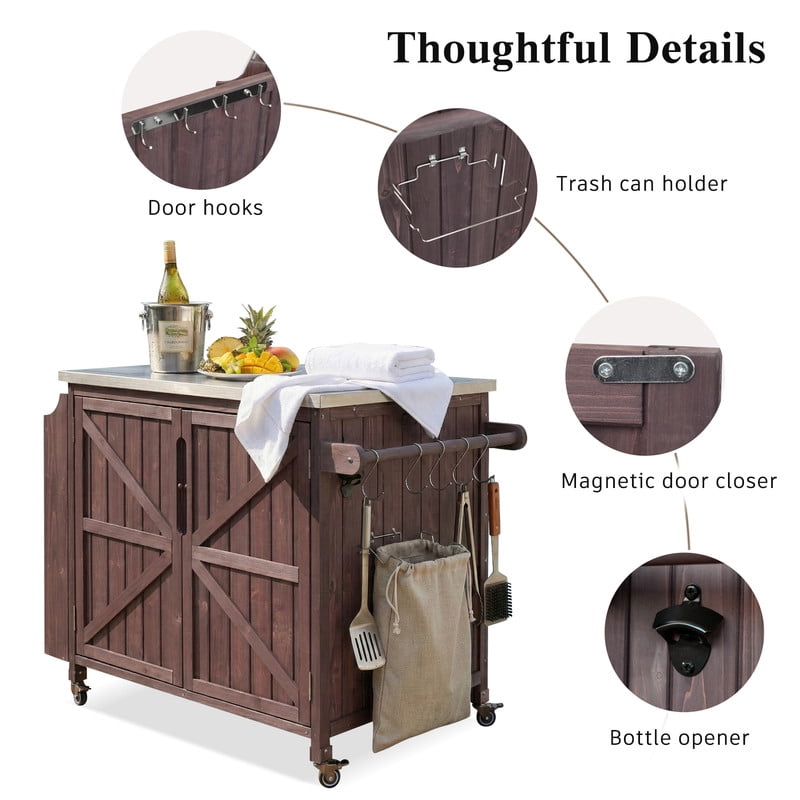 35.4''W Stainless Top Outdoor Rolling Kitchen Storage Island with Side Racks, Outdoor Grill Serving Cart with Cabinet & Adjustable Shelf
