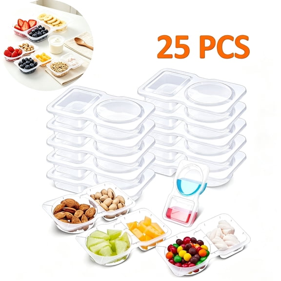OFEFE 25 Pcs 5 oz 2 Compartment Snack Container with Lids Clear 2 Compartment Small Disposable Plastic Snack Box Container for Sauce Salad Travel
