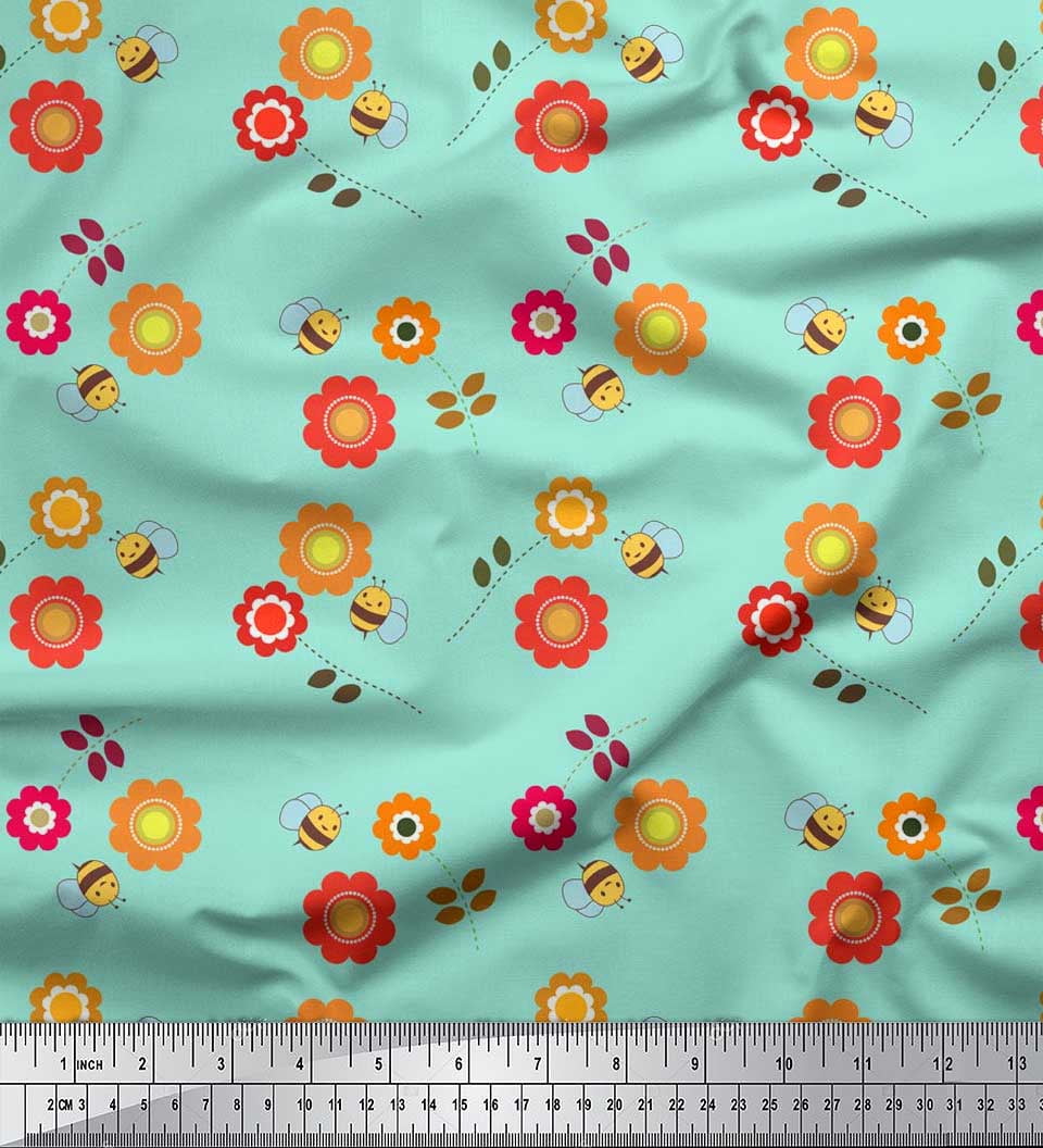 Soimoi Cotton Jersey Fabric Floral & Honey Bee Kids Print Fabric by The ...