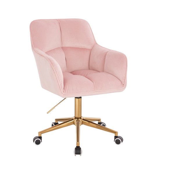 Silla de oficina, escritorio de altura ajustable y giratoria tapizada en Terciopelo en estructura en cromo dorado base estrella con ruedas, SKU EL18019-1 GD ROSA TERCIOPELO