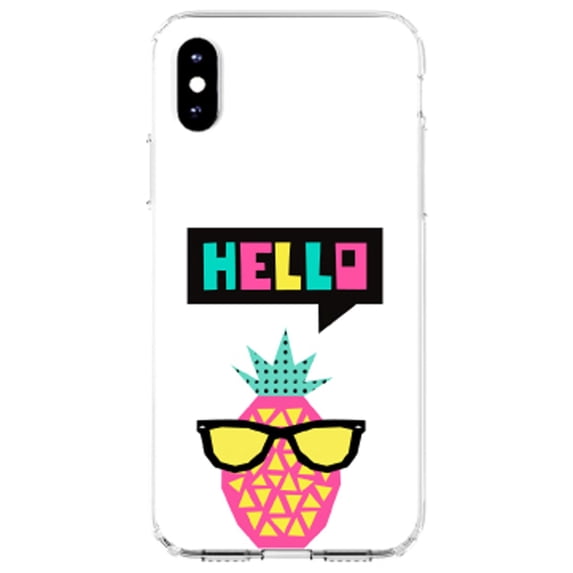 DistinctInk Clear Shockproof Hybrid Case for iPhone X / XS (5.8" Screen) - TPU Bumper, Acrylic Back, Tempered Glass Screen Protector - Summer Graphics - Hello Cartoon Pineapple