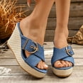 thumbnail image 2 of Rokment Womens Espadrilles Platform Wedge Sandals Trendy Casual Denim Leopard Buckles Open Toe Chunky High Heels Slip on Summer Dress Slides 2026 Blue Size 7, 2 of 6