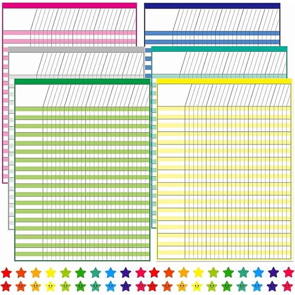 Youngever 6 Pack Multi-Color Laminated Dry Erase Incentive Chart with 120 Reward Star Stickers for Chore Responsibility, School Attendance, Homework Progress Tracking Chart (17 Inch x 22 Inch)