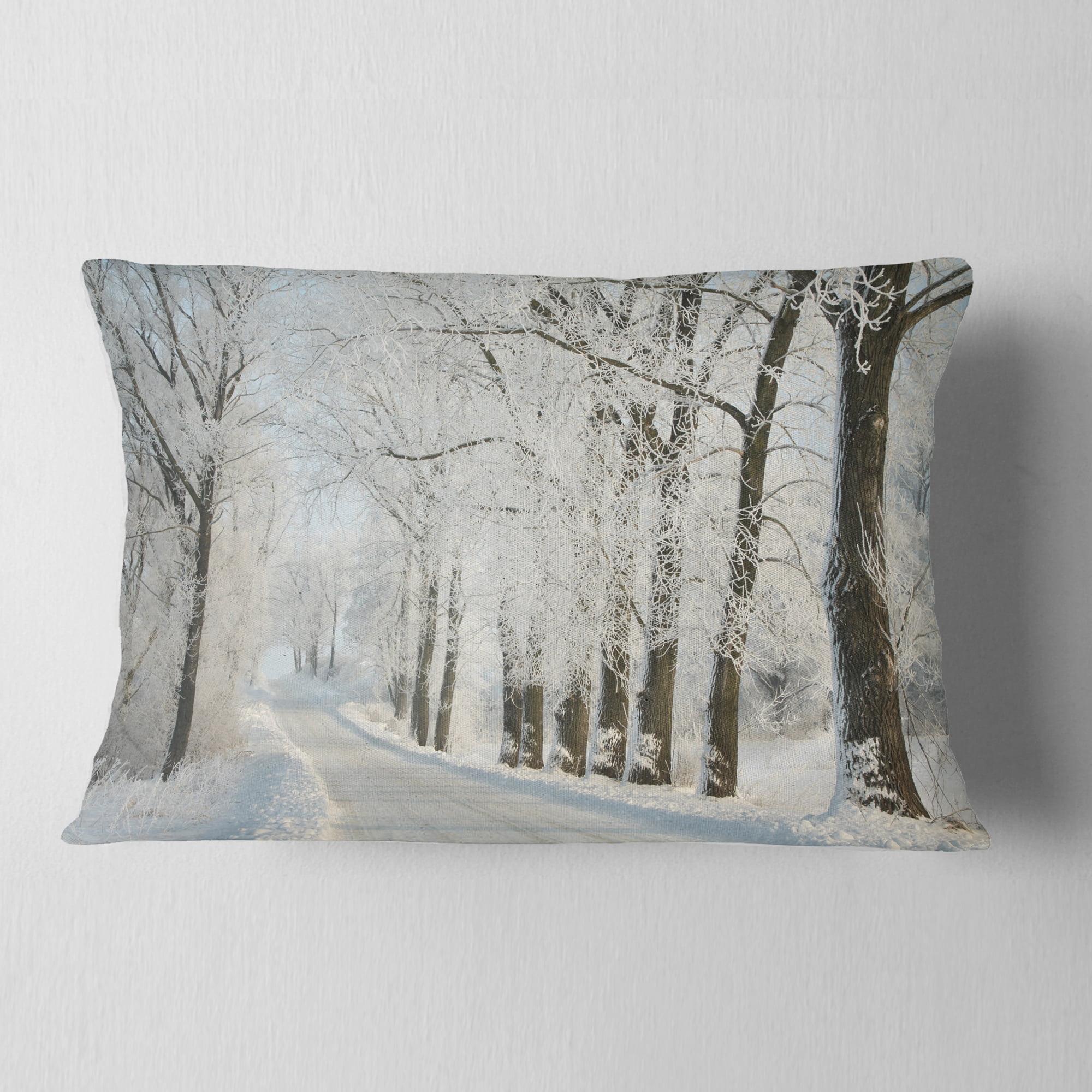Designart Winter Road in Dense Foggy Forest - Forest Throw Pillow - 12x20