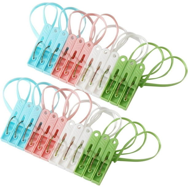 24 Pack Plastic Clothes Pins Heavy Duty Outdoor for Hanging Clothes,Mini ClothesPins with Hanging Rope,Hangers with Clips