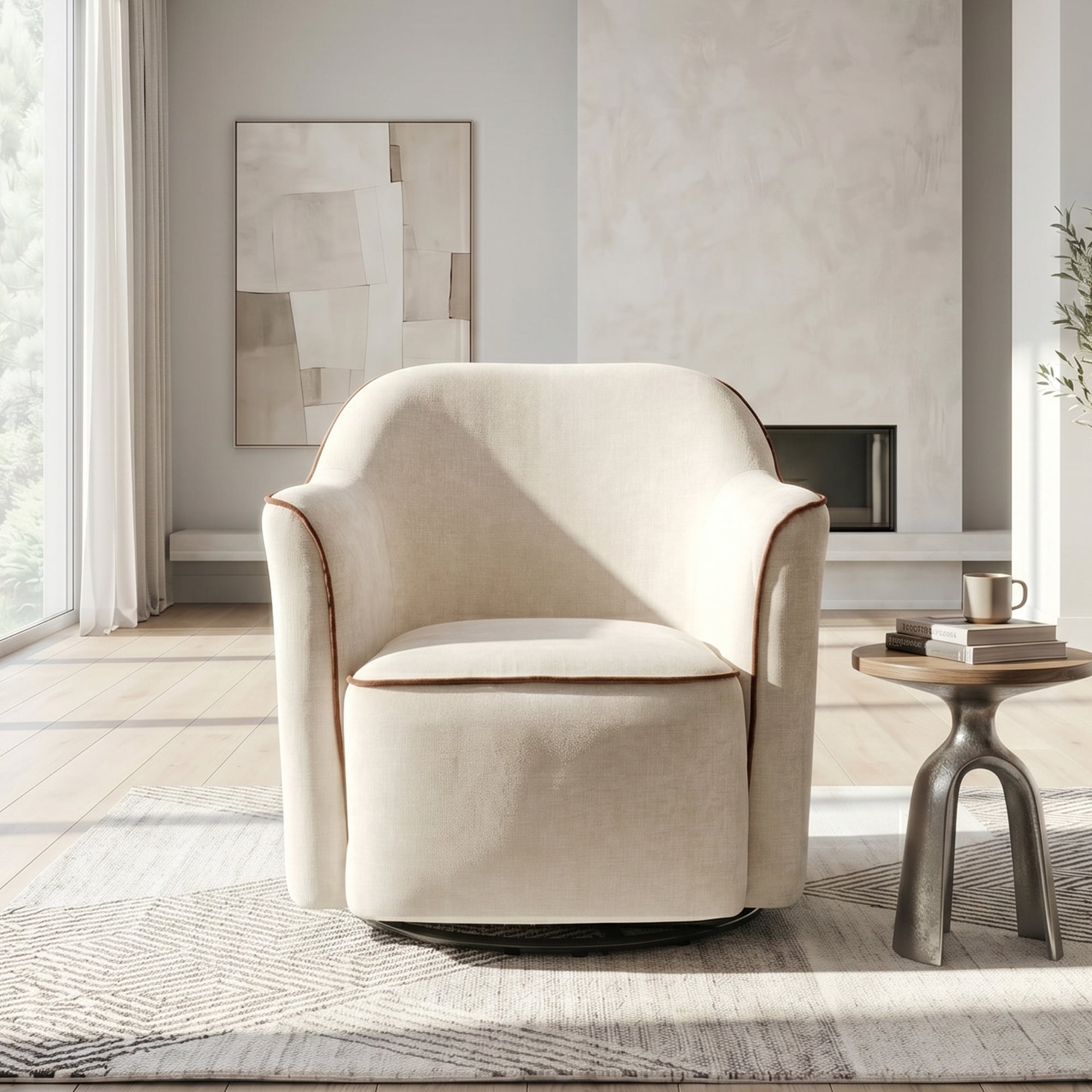 Euroco 360° Swivel Accent Chair, Chenille Upholstered Barrel Chair with Flared Arms, Modern Reading Armchair for Living Room, Bedroom and Office, Beige