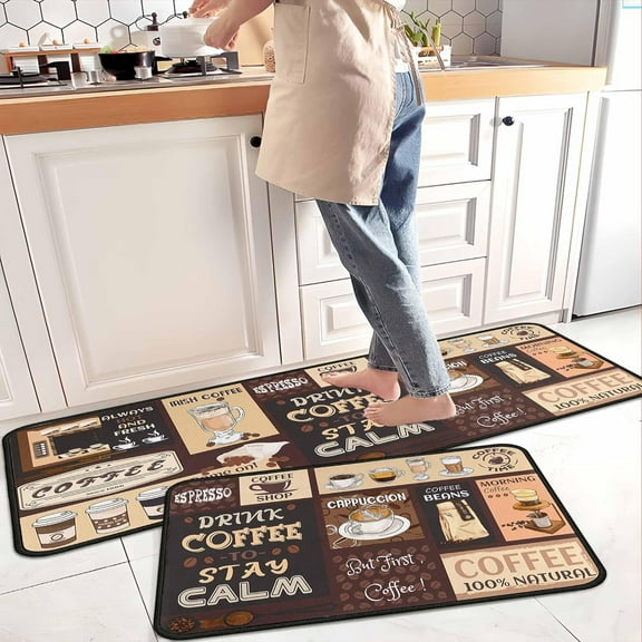 Coffee Kitchen Rugs and Mats Non-Slip, Washable, Stain and Fade Resistant, Suitable for Kitchen Mat Set of 2 Coffee Kitchen Decor 17" x47" 17"x30"