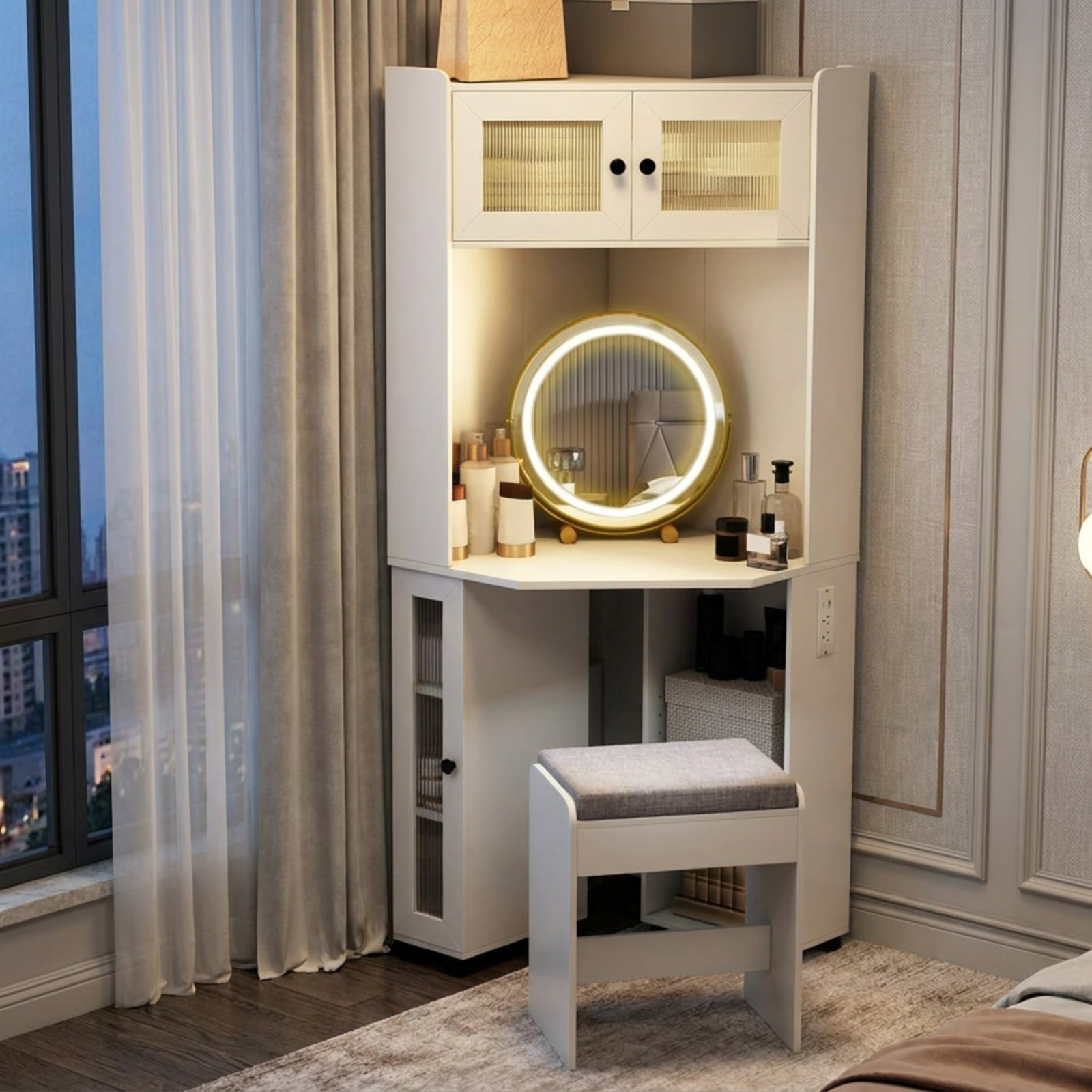 Furnibear Compact Corner Vanity Desk with 360 Rotating Lighted Mirror Cabinets and Stool for Small Bedroom Makeup Room, White