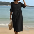 thumbnail image 5 of Guieoi Womens Dresses Plus Size Round-Neck Solid-Color Cotton-Linen Short-Sleeve Lace-Trimmed Ruffled-Sleeve Dress Black M, 5 of 6