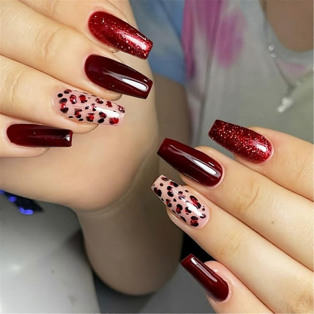 24 Pcs Glittering False Nail Valentines Day Press On Nail French Cats Eye Stick on Nail Glossy Artificial Nail