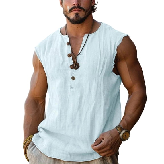 Lpmadey Men's Summer Casual Sleeveless Henley Shirt Retro Solid Color Button Front Tank Top for Beach, Vacation, Everyday Wear