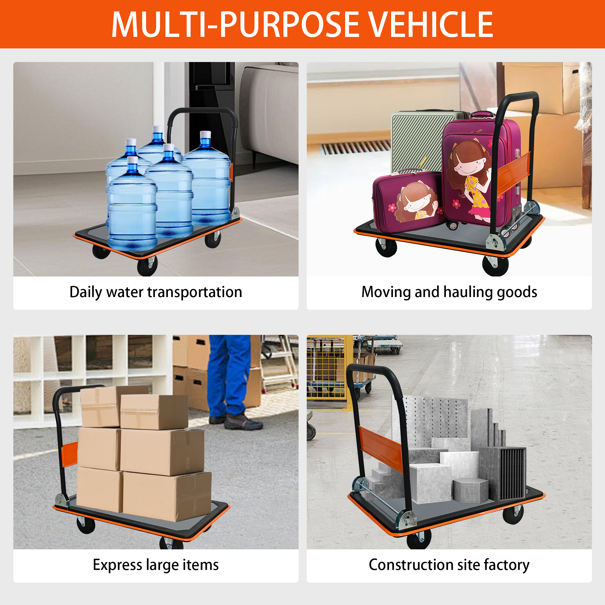 Garge Utility Cart, 660lbs Heavy Duty Capacity Platform Hand Truck 360 Degree Swivel Wheels Foldable Push Hand Cart for Loading and Storage, Warehouse