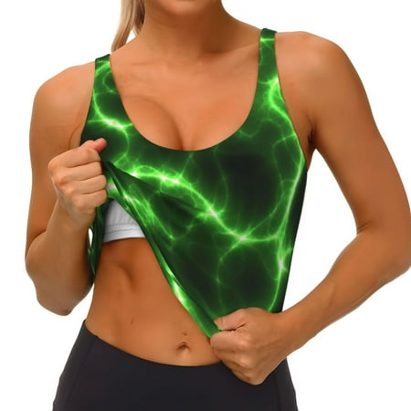 Qokaie Green Lightning Pattern Womens Scoop Neck Sports Bra Breathable Workout Vest Padded U Back Medium Impact Fitness Gym Yoga Bra Workout Crop Top