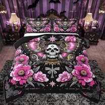 Homewish Bohemain Moth Queen Comforter Set,Spooky Gothic Skeleton Bedding Sets,Pink Flower Floral Bedding Comforter Set For Girls Teens,Ultra Soft Home Decor Reversible,3-Piece