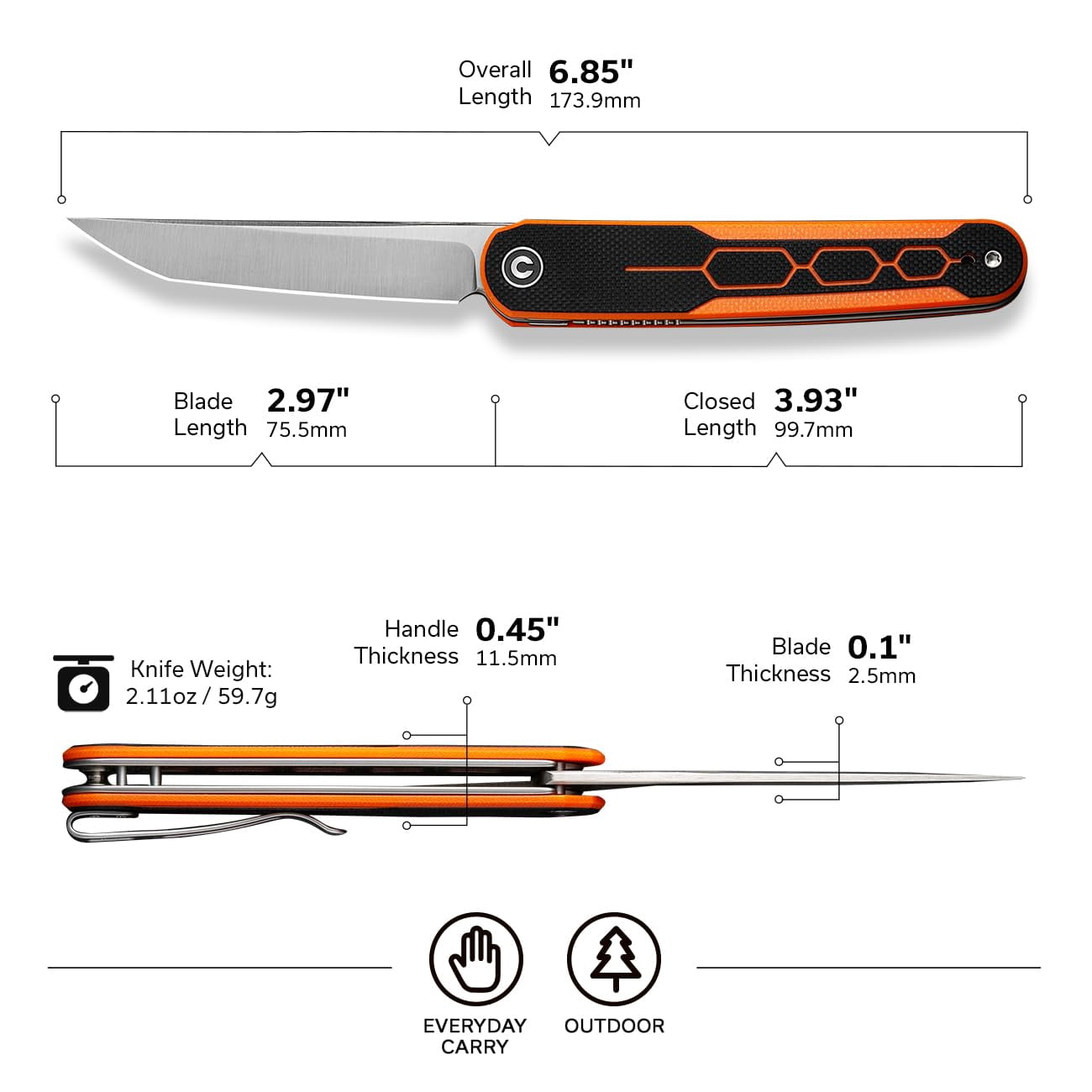 CIVIVI KwaiQ Pocket Folding Knife 2.97" Nitro-V Tanto Blade Two-tone G10 Handle for Women Men C23015-2