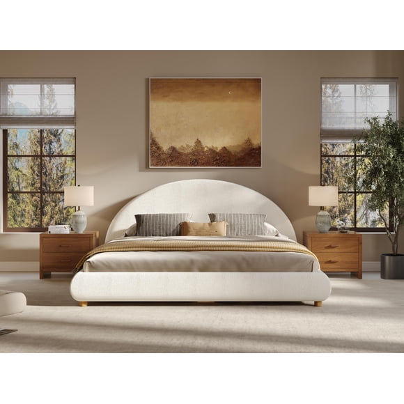 King Size(76''×80'') Platform Bed, Luxurious Boucle fabric Upholstered Bed, With Boucle Upholstered Round Curved Headboard and Sturdy Low-Profile Frame, No Box Spring Needed, White