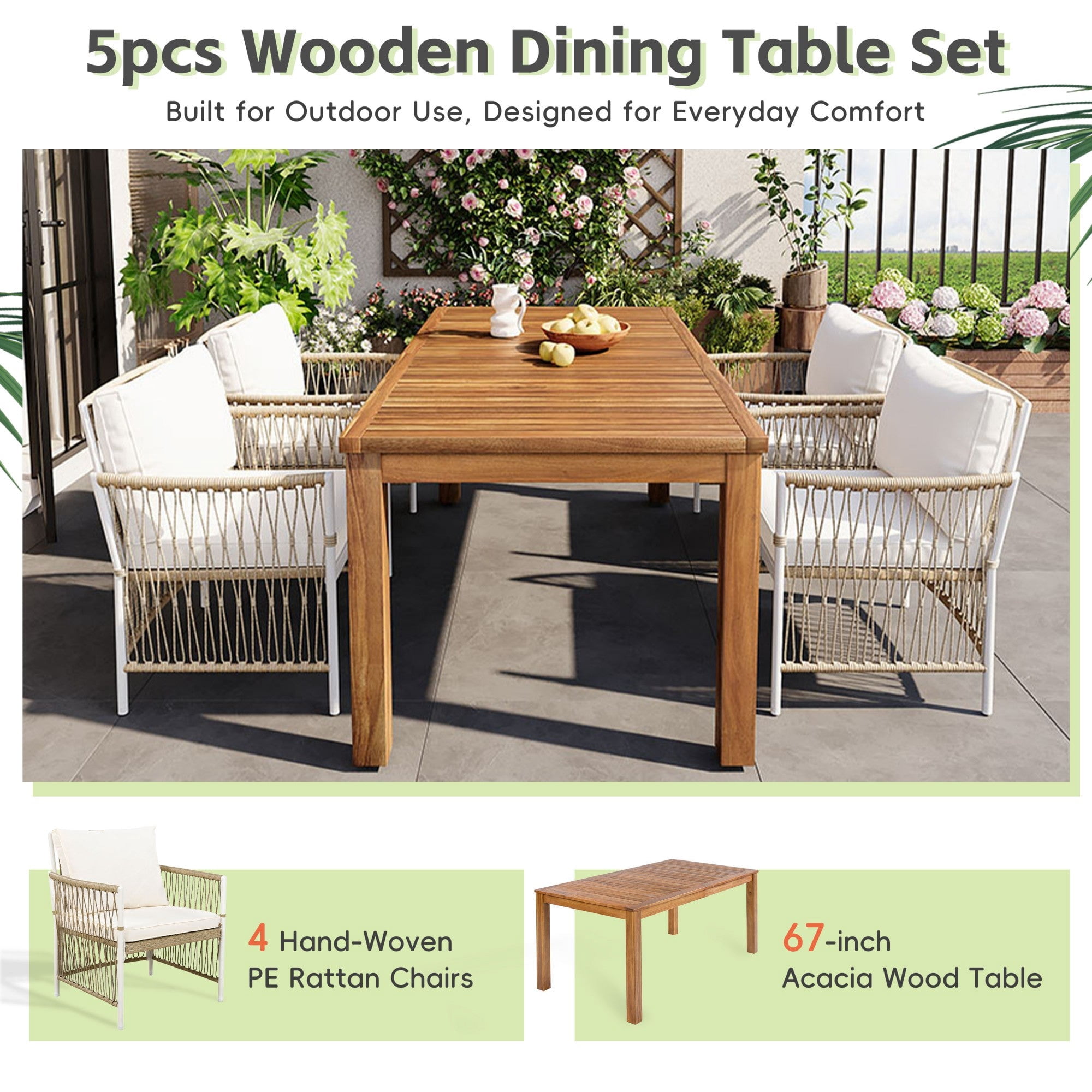 Sailvan Patio Dining Set of 5 with 67" Acacia Wood Table and Rattan Armchairs,Weather-Resistant Outdoor Furniture for Garden & Poolside Natural
