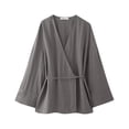 thumbnail image 1 of Conjunto de 2 piezas de pijama para mujer, camisa de manga larga con cordones, Kimono informal, Top holgado, pantalones de pierna ancha, 1 of 5