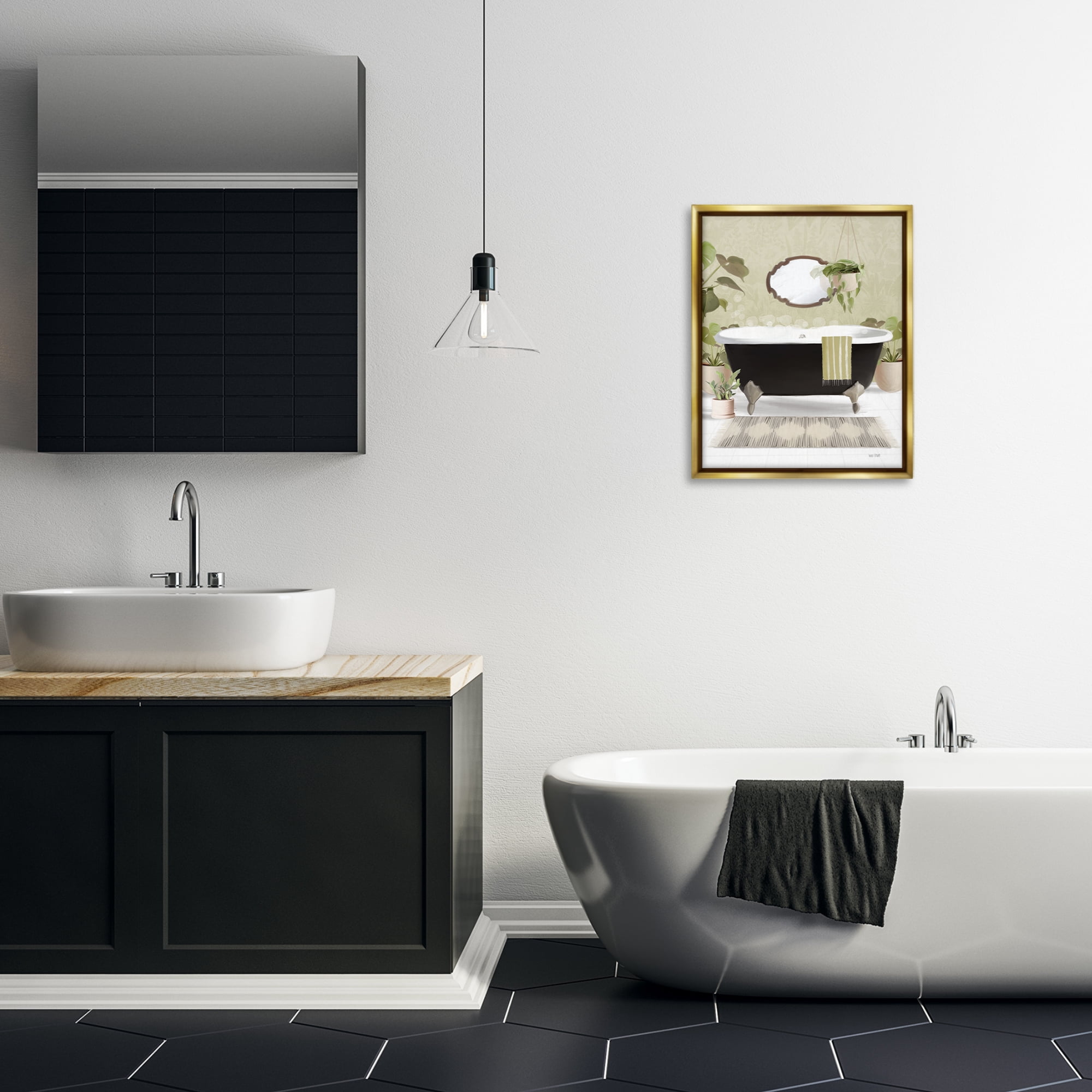 Stupell Industries Relaxing Bathroom Tub Bath & Laundry Painting Gold Floater Framed Canvas Art Print Wall Art, 17 x 21