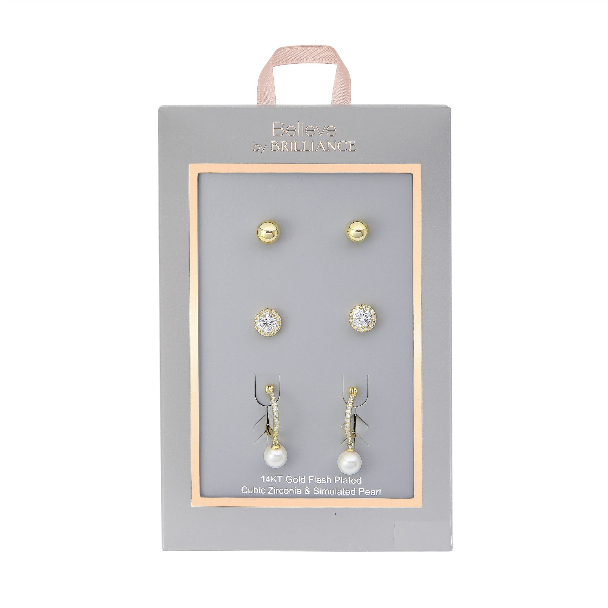 Believe by Brilliance Simulated Pearl and Cubic Zirconia Hoop Earring Set in 14KT Gold Flash Plate